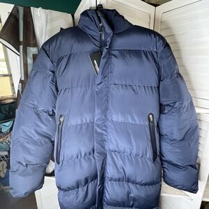 NWT Seidarise Men's Hooded Trench Puffer Coat Fleece Lined‎ Navy Blue Size XL